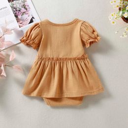 Girl's Dresses Newborn Girl Short Sleeve Romper Solid Color Button Round Neck Patchwork Dress Style Playsuit Casual Simple Summer Clothes