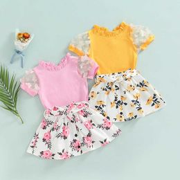 Clothing Sets Summer Lovely Kids Girls 2pcs Clothes Sets 1-6Y Ruffles Puff Sleeve Flowers Printed Shirts+A-Line Skirts
