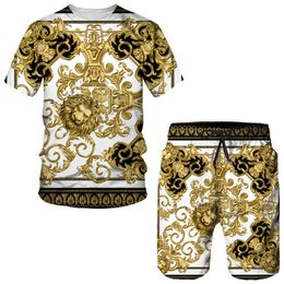 Men s Tracksuits Summer Golden Lion Statue Pattern 3D Print T Shirt Shorts Suit Baroque Style Short Sleeve Tracksuit Hip Hop Streetwear Set 230814