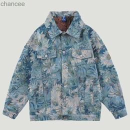 New Blue Varsity Denim Jackets Mens Vintage Floral Printed Patchwork Coats Hip Hop Oversized Casual Lapel Cowboy Jacket Couples HKD230815