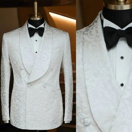 White Men Wedding Suits Blazer Elegant Shawl Lapel Tuxedo Floral Jacquard Groom Wear Prom Evening Party Costume Homme Only Coat