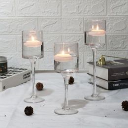 clear glasseam long stem glass crystal tealight floating tall candle holders 3 size set table Centrepiece for wedding home decor Ieixc