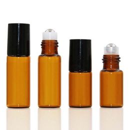 5ML 1/6OZ Amber Glass Roll On Bottle Empty Essential Oil Perfume Rollon Tube Metal Roller Ball Bottle Black Lid Travel Portable Pihdk