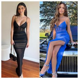 Casual Dresses Spaghetti Strap Backless Mesh Maxi Dress For Women Gown Strapless Sleeveless Thigh High Split Sexy Party Long