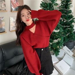 Women's Sweaters Sweater Vintage Bubble Sleeve Korean Fashion Criss-Cross Knitted Pullovers Chic Crop Tops Slim Bottoming Shirt