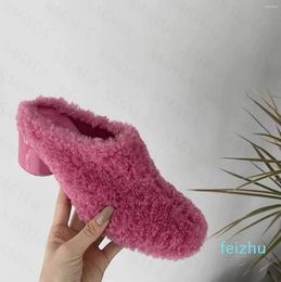 Shoes High Heels Chunky Luxury Fur Slippers Women Winter Spring Fad Pumps Sexy Plush Cotton Slides Flip Flop