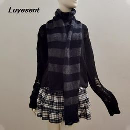 Scarves Gothic Black Gray Striped Women Unisex Knitted Neckerchief Y2k Girl Warm Long Scarves Korean Japanese Basic Scarf 2.1m*0.3m 230814