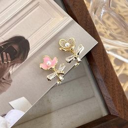 Backs Earrings ALLME Cute Lovely CZ Cubic Zirconia Flower Clip Pink Enamel Asymmetry Earring For Women Girls Wedding Bridal Jewellery