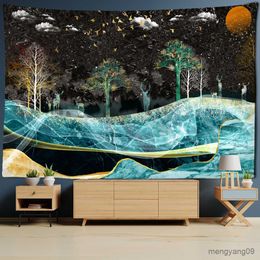 Tapestries Sunrise Forest Tapestry Wall Hanging Style Ink Painting Aesthetics Room Home Decor R230815