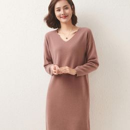 Women's Sweaters Autumn And Winter Long Pure Cardigan V-neck Sweater Dress Knitted Large Size Loose Pullover Cashmere Base Skirt