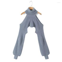 Women's Sweaters Autumn Women Gray Sexy Off Shoulder Crop Turtleneck Knit Sweater