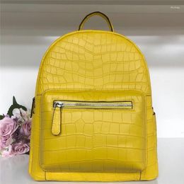 School Bags Authentic Real True Crocodile Skin Female Yellow Purse Lady Backpack Genuine Alligator Leather Women Top-handle Travel Bag Pack