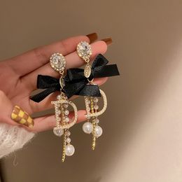 Stud Temperament Shiny Crystal Bow Tassel Pearl Long Earrings For Women Girls Korea Exaggerate Pendant Drop Earring Charm Jewellery 230815