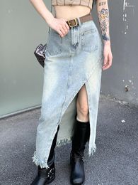 Skirts 2023 Women Pencil Skirt High Waist Retro Style Fashion Denim With A Slit Asymmetry Pocket Jeans No Belt