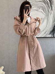 Women's Trench Coats Woman Long Windbreaker Fashion Korean Large Size Ladies 2023 Autumn Hooded Loose Pockets Cardigan Drawstring Jacket 230814