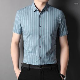 Men's Casual Shirts 2023 Summer Luxury Short Sleeve Vertical Striped Smart Male Dress Simple Thin Man 3XL