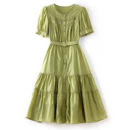 2023 Summer GreenSolid Colour Waist Belted Dress Short Sleeve Round Neck Buttons Midi Casual Dresses W3L043609