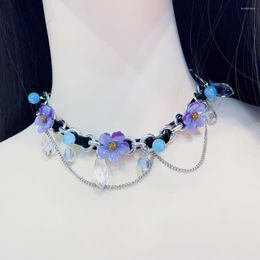 Chains Purple Crystal Flower Black Leather Double-layer Multi- Water Drop Tassel Clavicle Chain