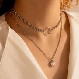 Pendant Necklaces Hollow Out Round Silver Color Metal Women's Neck Chain Geometric Double Layer Heart Necklace Friends Party Jewelry