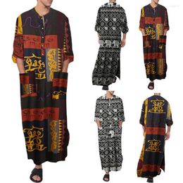 Ethnic Clothing Men's Muslim Thobe Long Sleeve Letter Print Breathable Robes Islamic Arabic Kaftan Men Abaya Button Down Pocket Robe