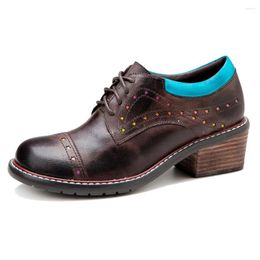 Dress Shoes 2023 Spot Cow Leather Oxford For Woman Hand-Painted Color Contrast Star Hollow Casual Lace-Up Thick-Heeled Pumps