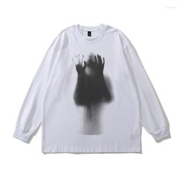 Men's T Shirts Hip Hop Streetwear Shadow Graphic Shirt Harajuku 2023 Autumn Men Ghost Printing T-Shirt Cotton Long Sleeve Tshirt White Punk