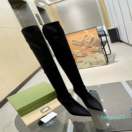 2023-Designer Luxury boot classic lady heeled booties woman fashion pumps genuine leather pointed knee high boots shoes black size 35-41 two color