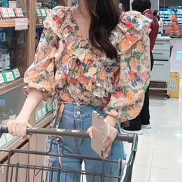 Women's Blouses Colorful Print Chiffon Shirt Spring Summer Fashion Blouse Elegant V-neck Long Sleeve Korean Style Clothing For Female 2023