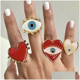 With Side Stones European And American Fashion Enamed Red Heart Love Ring Creative 18K Glod Evil Eye Adjustable Jewelry Drop Delivery Dh3Gk