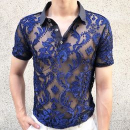 Men's Polos Masculine Soft Velvet Slim Clothing Nightclub Short-sleeved Sexy Polo Transparent Blue Retro Court Floral See Through