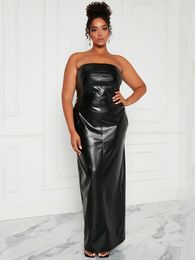 Plus Size Dresses Sexy Strapless Leather Maxi Dress Women 7XL Vinatge Faux Floor Length Split 6XL PU Nightclub Party Wear