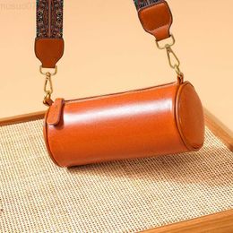 Messenger Bags Solid Color 100% Genuine Leather Round Women Bag Designer Cylindrical Shoulder Bags Cow Leather Female Mini Pillow Messenger Bag L230815