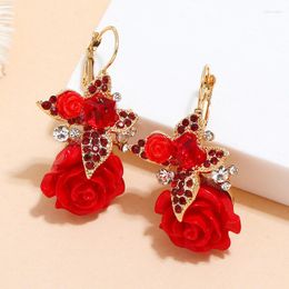 Stud Earrings Korean Retro Red Rose Pendant Women's Gold Colour Butterfly Crystal Wedding Jewellery