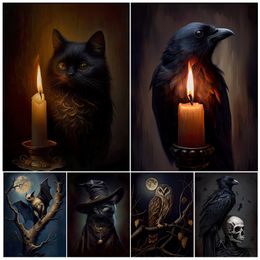 Paintings Bat Black Cat Witch Antique Owl Raven Wall Art Canvas Painting Dark Witchy Halloween Gothic Vintage Poster Print Home Decor 230814