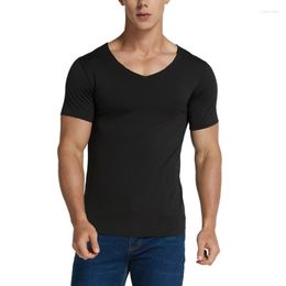 Men's T Shirts Men Shirt Thin Short Sleeve Ice Silk Without Summer Solid Colour Trace Slim V-neck Bottoming Seamless Tops