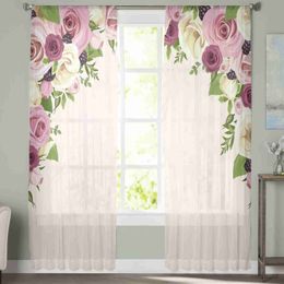 Curtain Pink Rose Flower Sheer Curtains for Living Room Decoration Window Curtain for Bedroom Kitchen Tulle Voile Organza Drapes R230815