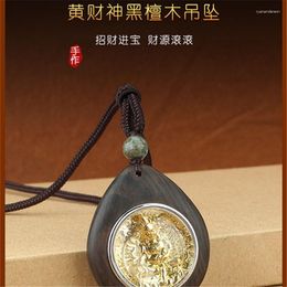 Pendant Necklaces Rotatable Black Sandalwood Yellow God Of Wealth Thangka Kawu Box Necklace Good Luck Sweater Chain Buddhist Jewelry