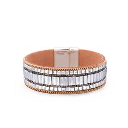 Autumn New Vintage Women's Bracelet PU Leather Fashion Versatile Inlaid Glass Diamond Magnetic Buckle Bracelet Handwear Wholesale