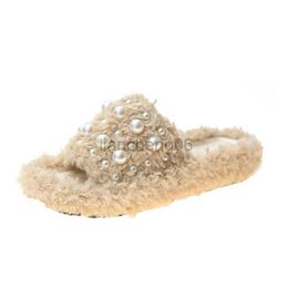 Slippers Outer Wear Pearl Plush Women Slippers Autumn and Winter New Cotton Ladies Flat Slippers Basic Women Outdoors Slippers X230519