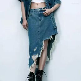 Skirts 2023 Women Denim High-waist Asymmetrical Youth Skirt TASSEL Hole Girls Bottom