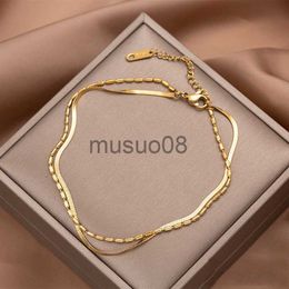 Anklets Trendy Stainless Steel Double Layer Beaded Link Chain Anklet For Women Adjustable 18K Gold Plated Snake Chain Anklet Jewelry J230815