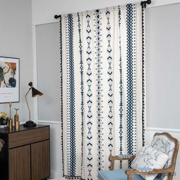 Curtain Bohemian style Blue Tulle Curtain Wear rod Window shade Stripe plaid decoration Modern Chiffon kitchen bedroom living room R230815