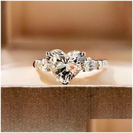 Solitaire Ring Elegant Love Heart Shape Clear Cubic Zirconia Stone Classic Diamond Jewerly For Women Girls Drop Delivery Jewelry Dhrdk