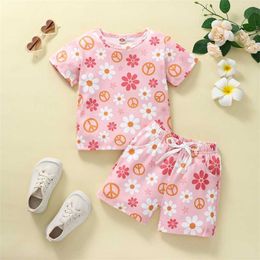 Clothing Sets 0-3Years Toddler Girls 2Pcs Fashion Summer Outfit Sets Short Sleeve Neck Floral Tops Drawstring Shorts