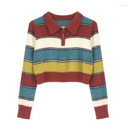 Women's Sweaters Polo Neck Striped Long Sleeved Knitted Sweater Spring And Autumn Chic Fashion Young Girl Short Knit Pullover Tops