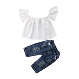 Clothing Sets Fashion Newborn Toddler Kids Girl Clothes Off shoulder Black T-shirt Tops+Ripped Jean Hole Denim Pant Trouser 2PCS Clothing Set