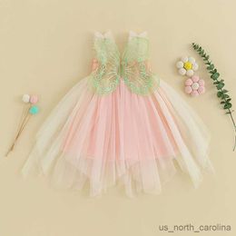 Girl's Dresses Baby Girl Party Dress Princess Birthday Dresses Back Bow Wing Embroidery Mesh Solid Colour Sleeveless Strap Summer Dress R230815