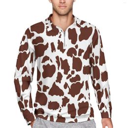 Men's Polos Brown White Cow Print Polo Shirt Male Animal Casual Y2K Turn-Down Collar T-Shirts Long-Sleeved Graphic Oversized Clothes