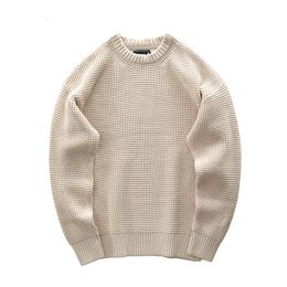 Men's Sweaters Vintage Waffle Knitted Sweater Men Autumn Winter Thick Khaki Round Neck Loose Long Sleeve Retro Casual Pullover Tops 230814