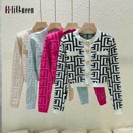 High Quality Women Fashion Vintage Autumn Jacquard Letter Metal Buckle Shoulder Pad Knitted Cardigans Sweater Top Jacket Coats HKD230815